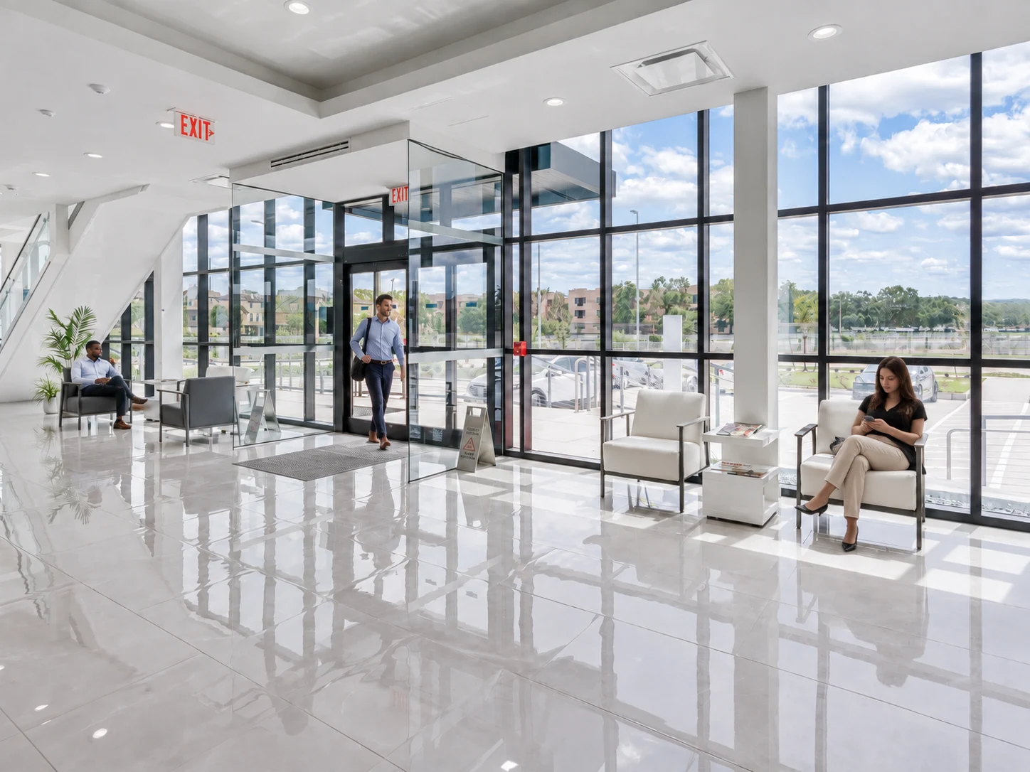 The bright HealthCo entrance lobby with floor-to-ceiling windows, a visitor walking in and guests waiting in lounge chairs