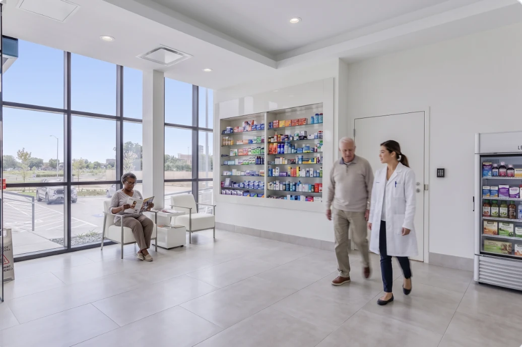 A customer reading by the window in the HealthCo pharmacy
