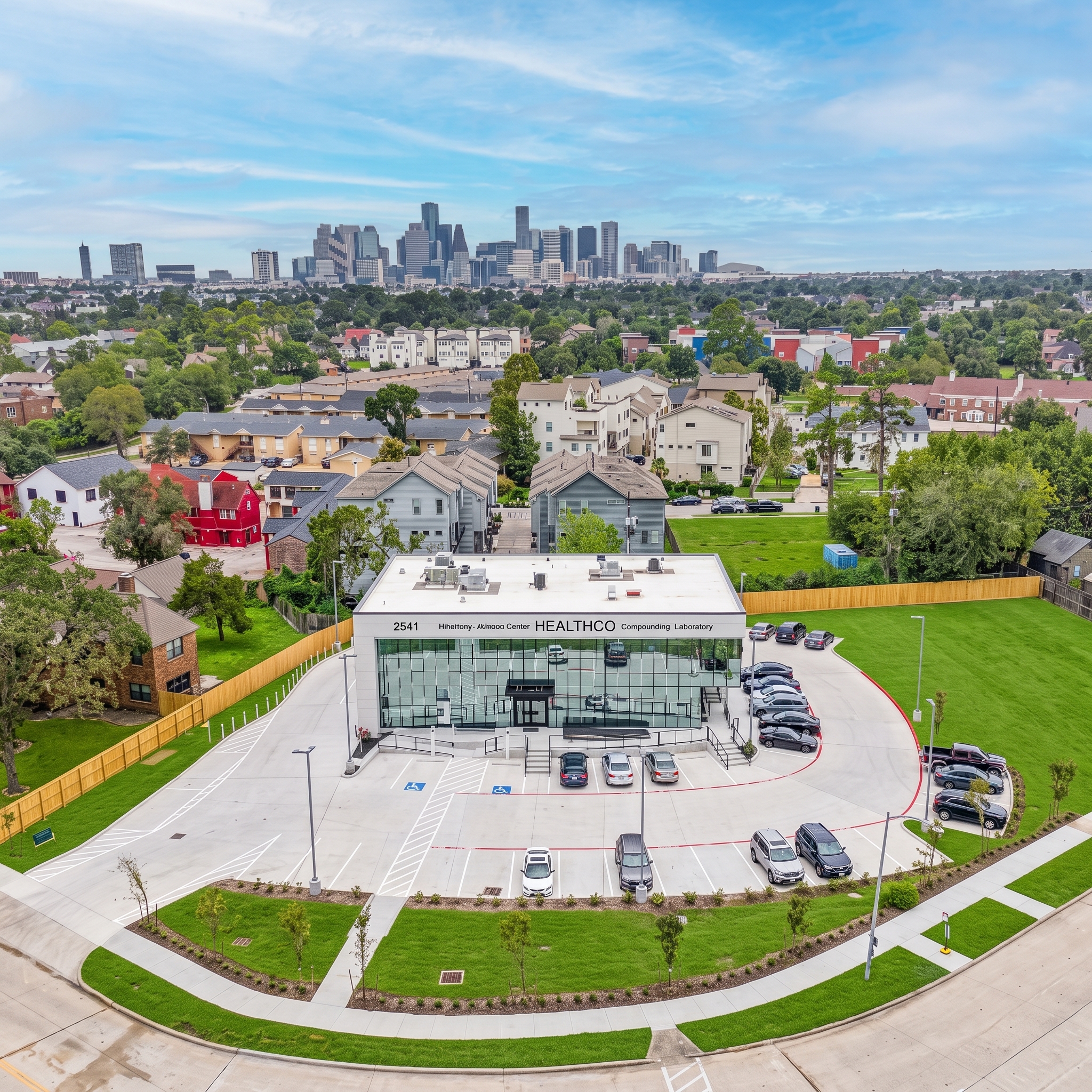 A bird's-eye aerial view of the HealthCo Center with the Houston skyline in the background
