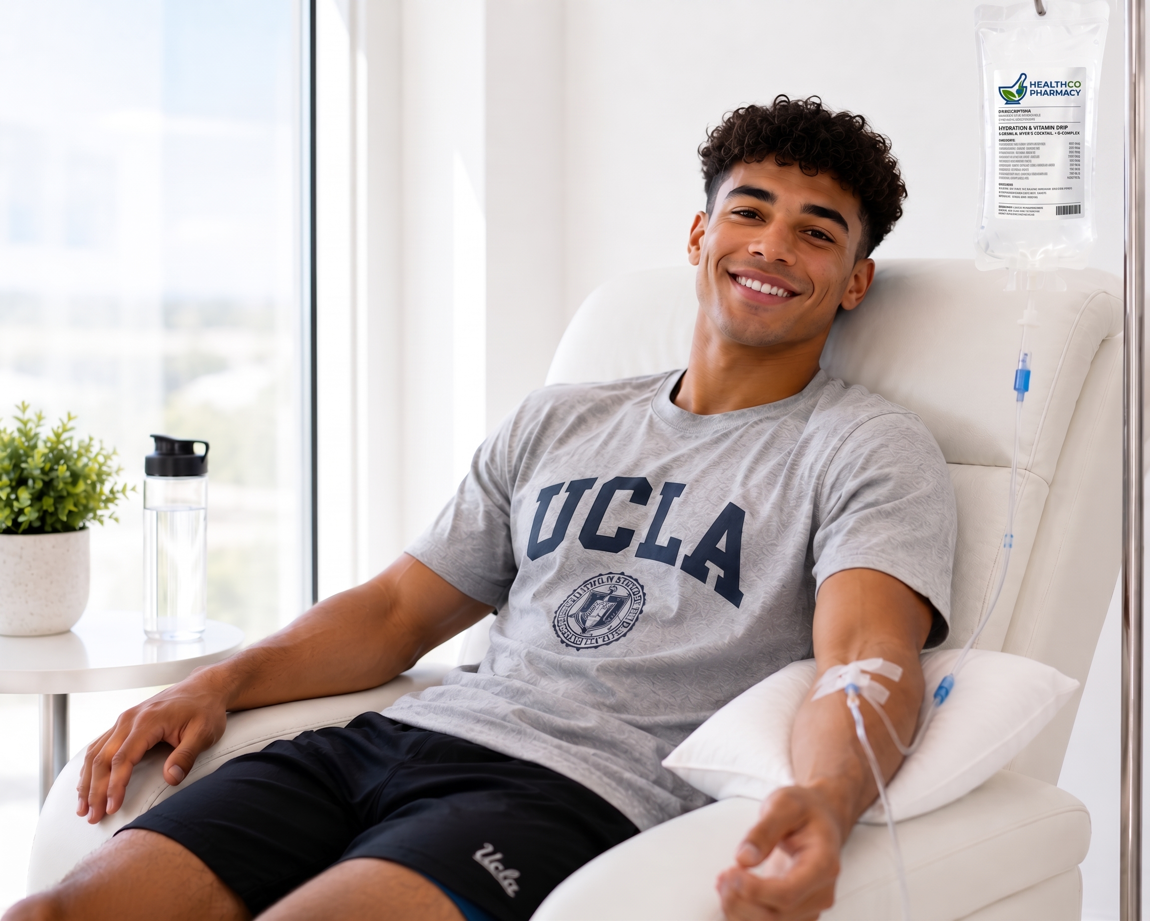 A smiling young patient receiving an IV hydration and vitamin drip in a reclining chair at HealthCo's bright infusion suite