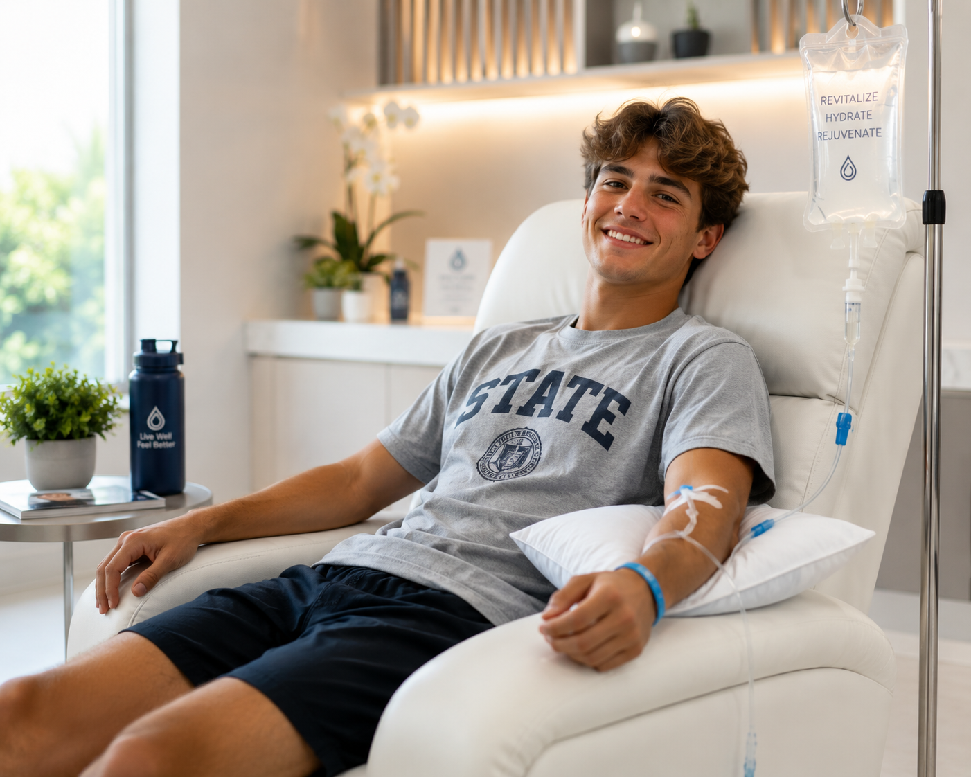 A smiling young man relaxing in a recliner while receiving a revitalizing IV vitamin drip